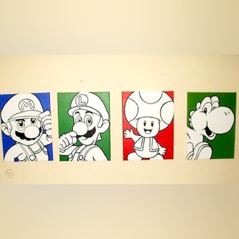 4 piece set • wall art • paintings • Mario Luigi Yoshi and Toad • fun decor